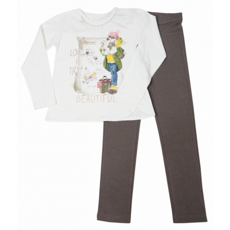 Детски комплект за момиче с блуза в екрю и кафяв панталон