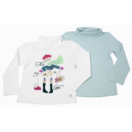 Детски комплект от 2 броя поло за момиче в екрю и бледо зелено