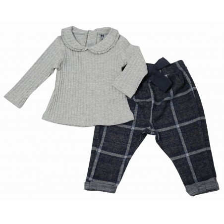 Бебешки комплект за момиче със сива блуза и каре панталон