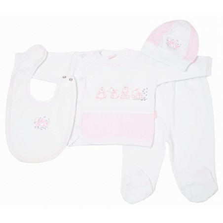 Бебешки комплект за момиче, 4 части в бяло и розово с кученца