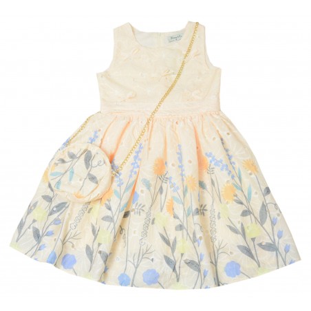 Детска рокля в бежово на цветя с аксесоар чанта