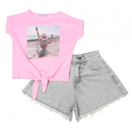 Детски комплект за момиче с тениска и сиви къси дънкови панталони