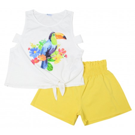 Детски комплект за момиче с бял потник и жълти къси панталони