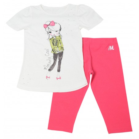 Детски комплект за момиче от две части с бяла тениска и цикламен клин
