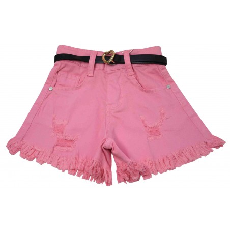 Розови дънкови шорти с колан и ресни