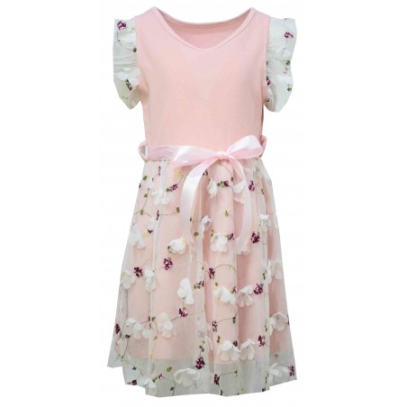 Официална детска рокля с бродирани и релефни цветя